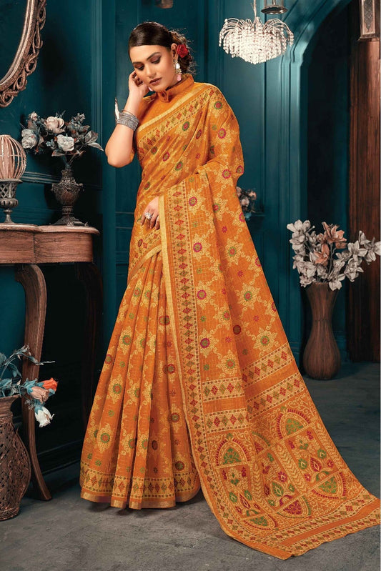 Mustard Colour Cotton Printed Saree