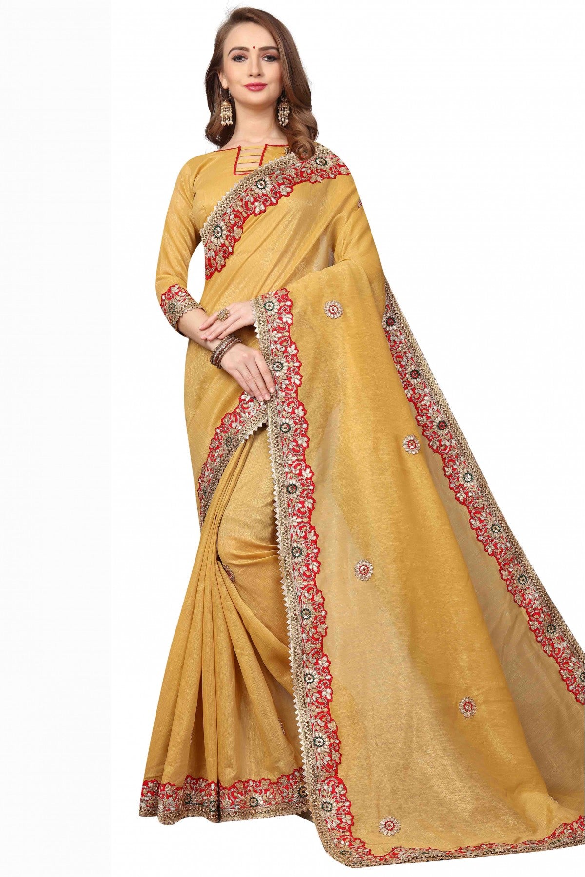 Mustard Colour Cotton Silk Embroidery Saree