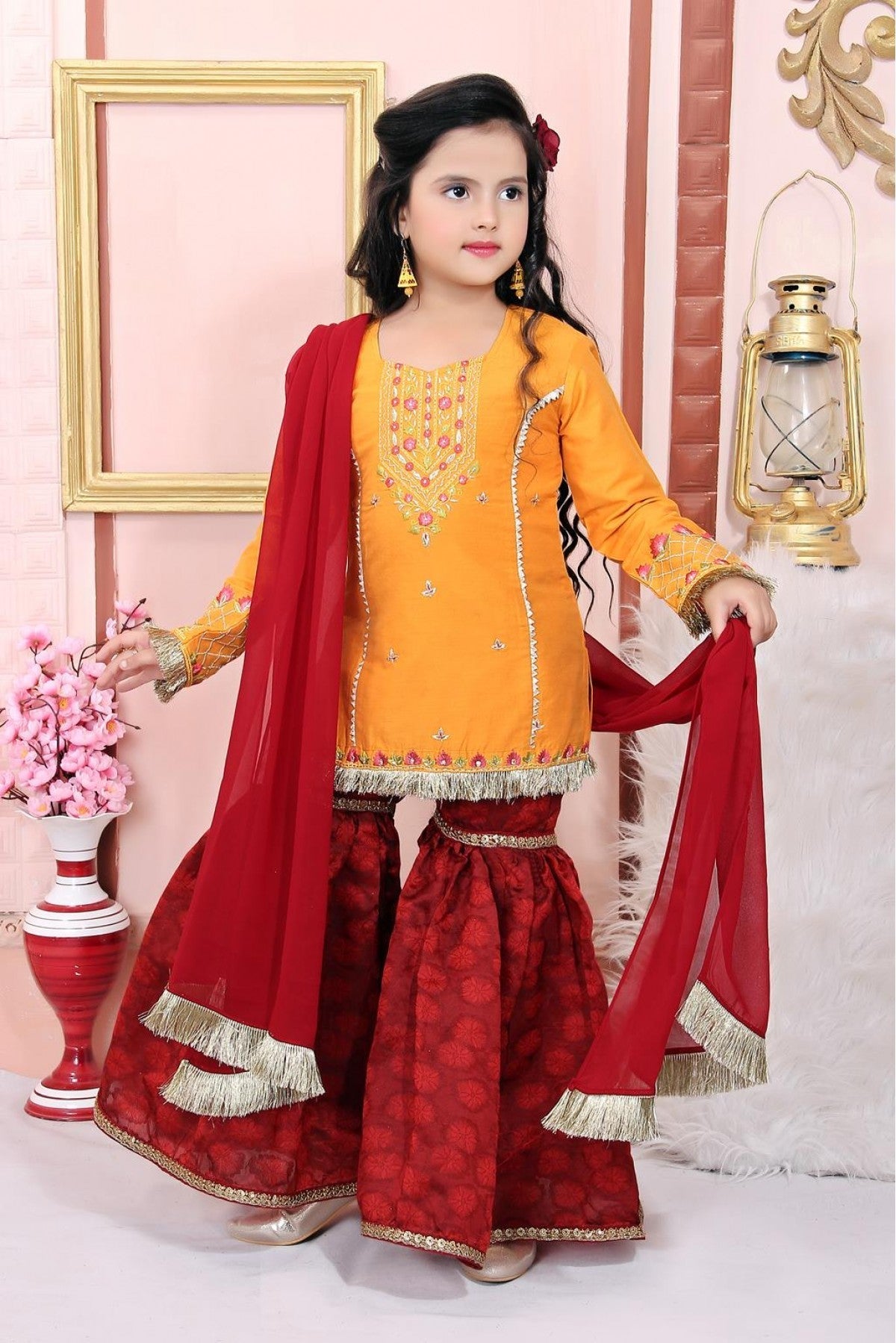 Mustard Colour Cotton Silk Embroidery Sharara Suit VSGW1070026