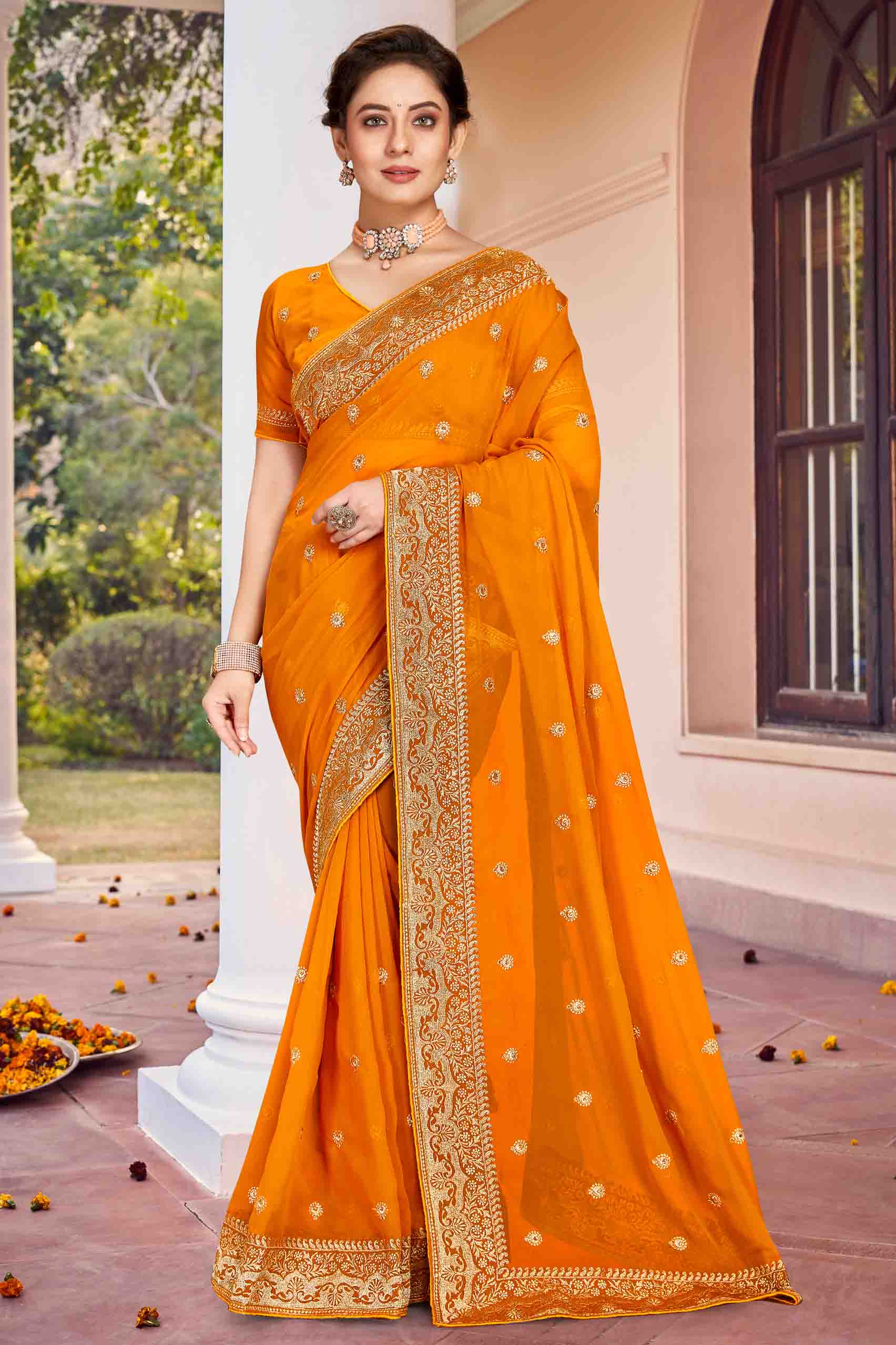 Mustard Colour Georgette Designer Saree