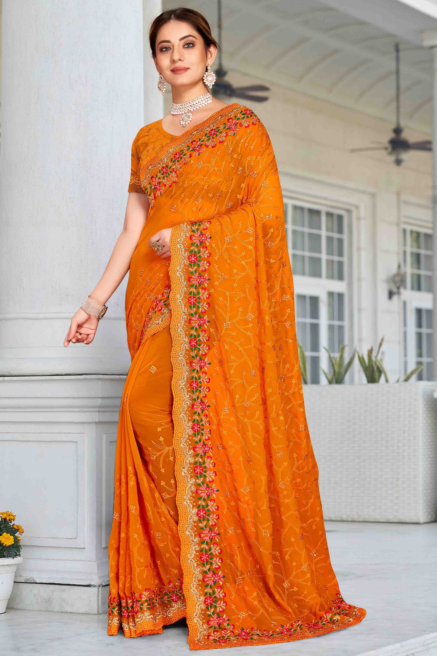 Mustard Colour Georgette Designer Saree