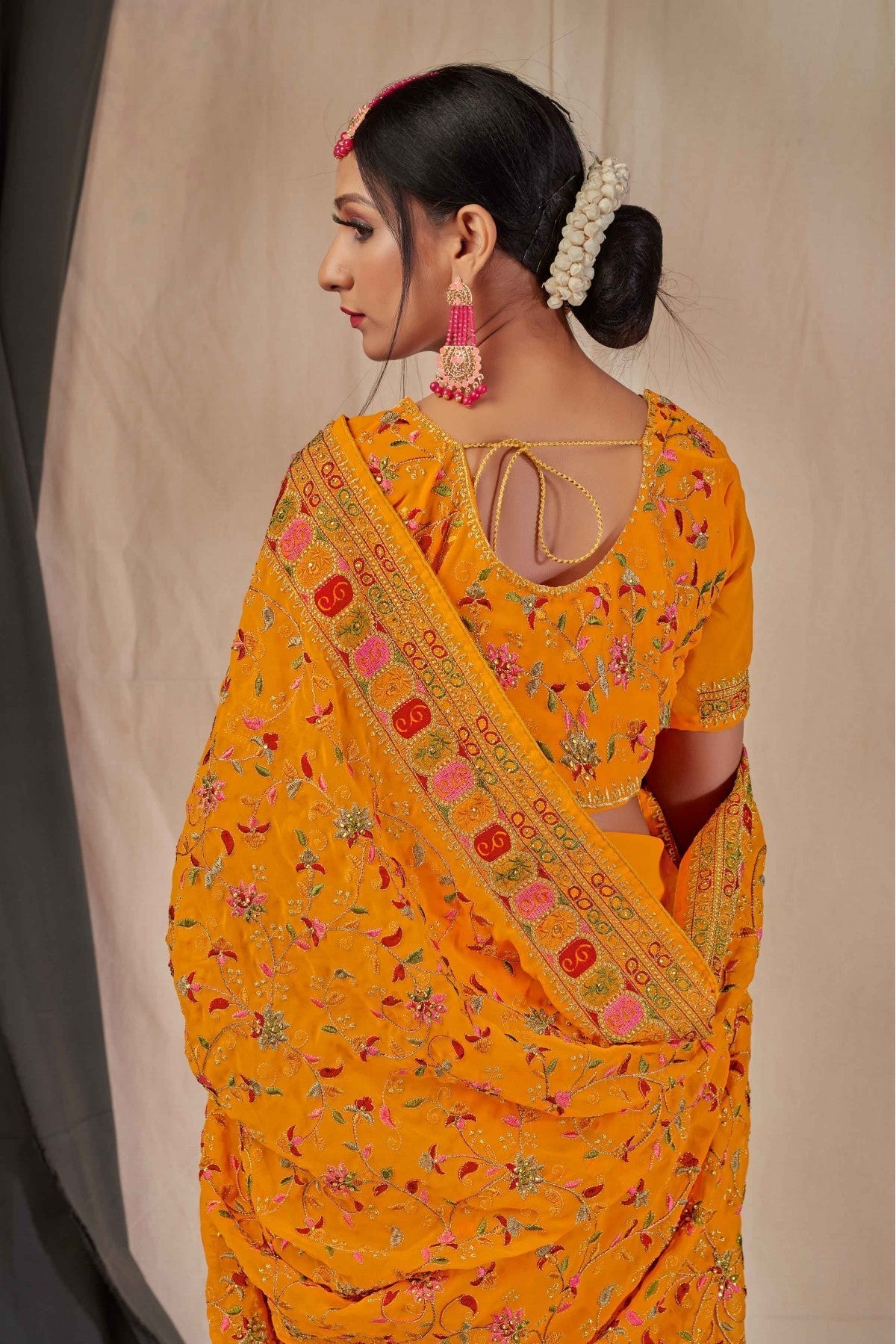 Mustard Colour Georgette Embroidery Saree