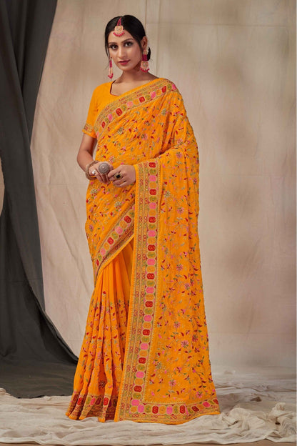 Mustard Colour Georgette Embroidery Saree