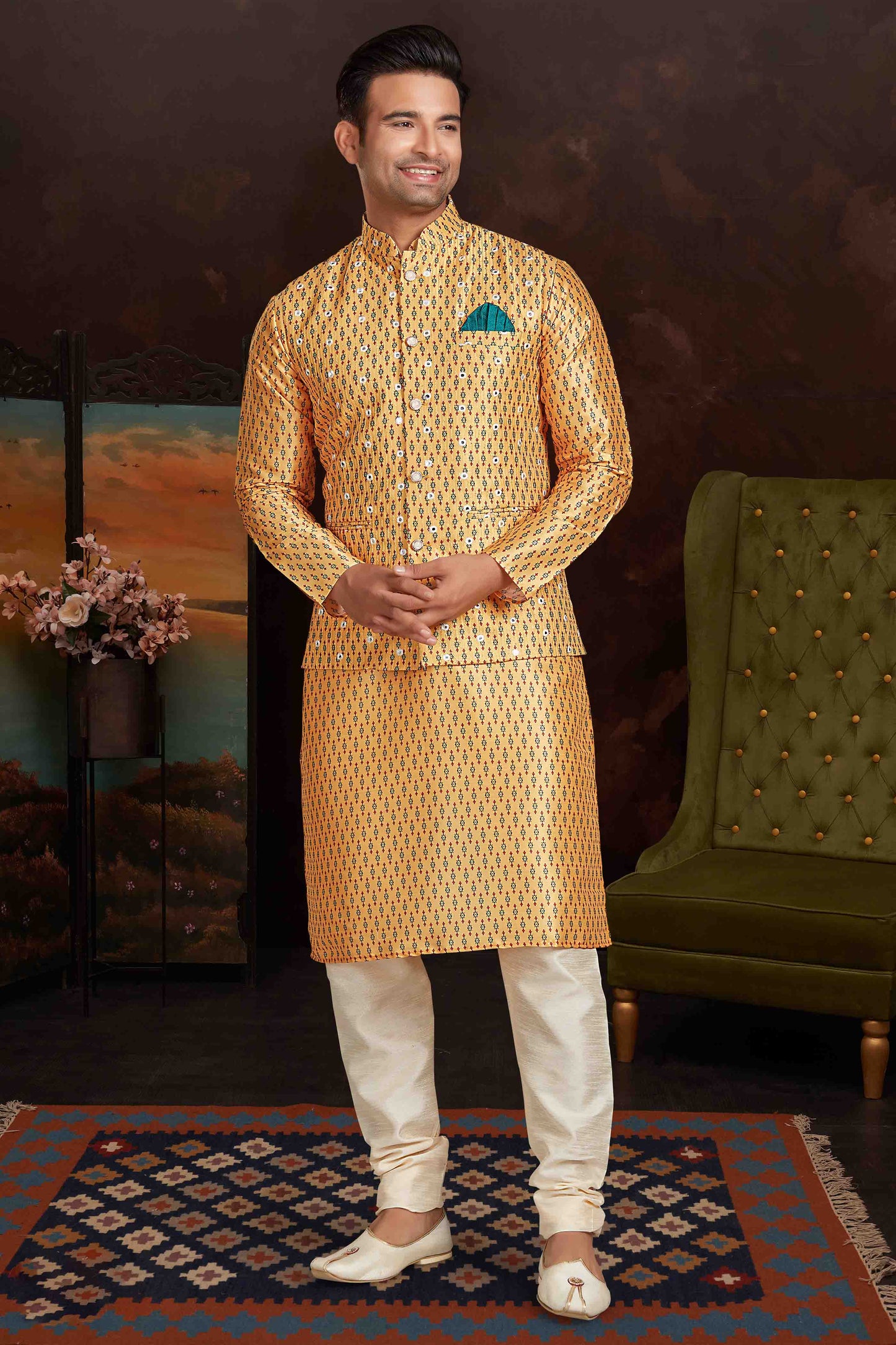 Mustard Colour Kurta Pajama With Jacket In Malai Silk