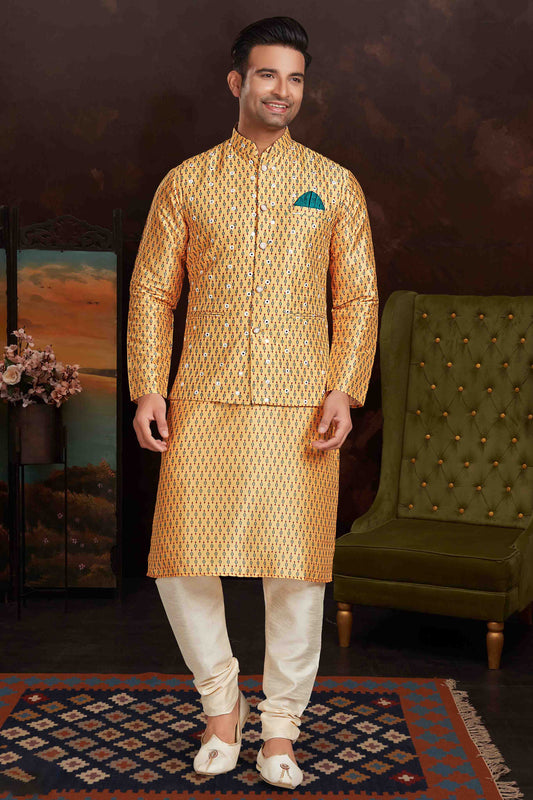 Mustard Colour Kurta Pajama With Jacket In Malai Silk