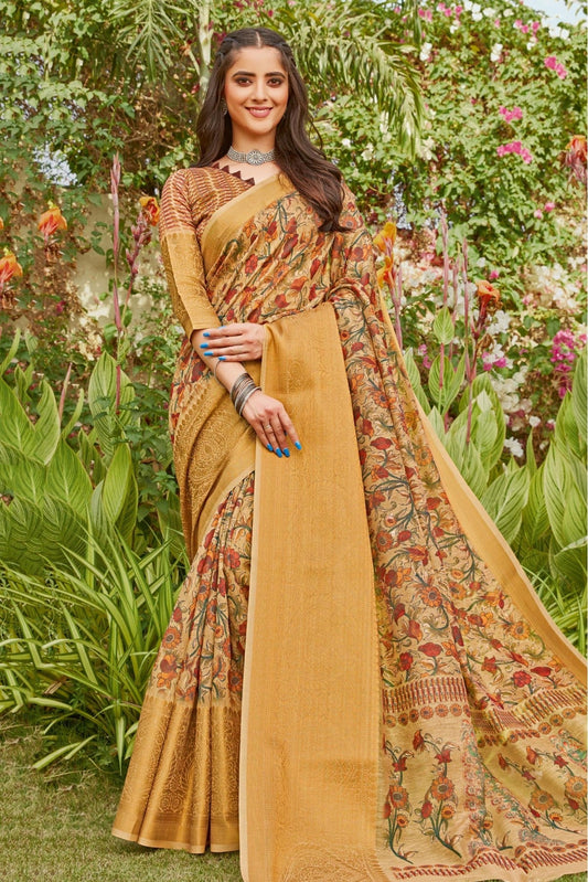 Mustard Colour Linen Printed Saree