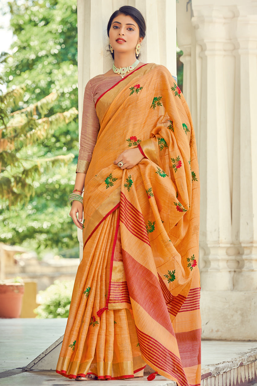 Mustard Colour Linen Traditional Saree In Woven Work