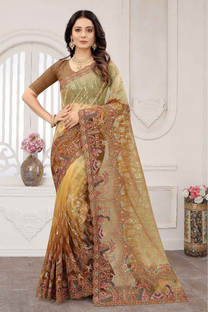 Mustard Colour Net Embroidery Saree