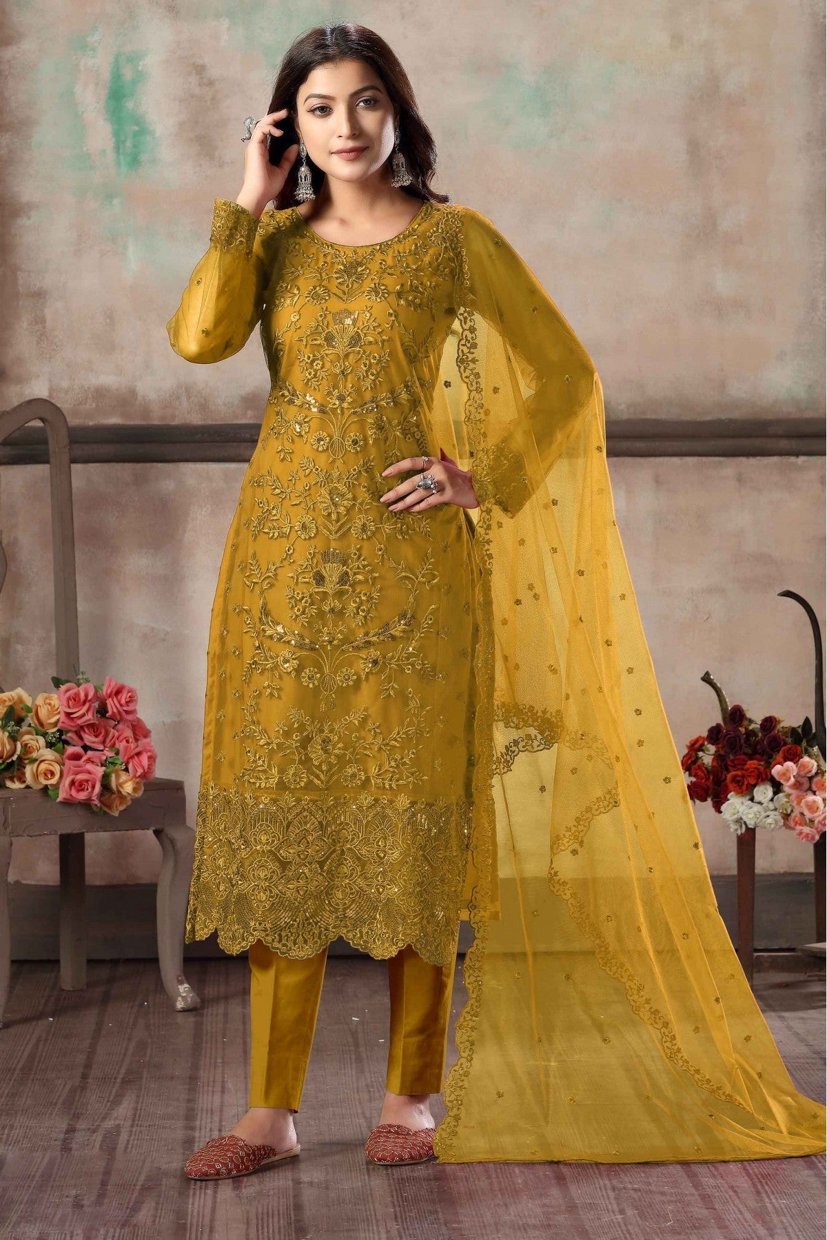 Mustard Colour Net Pant Style Suit