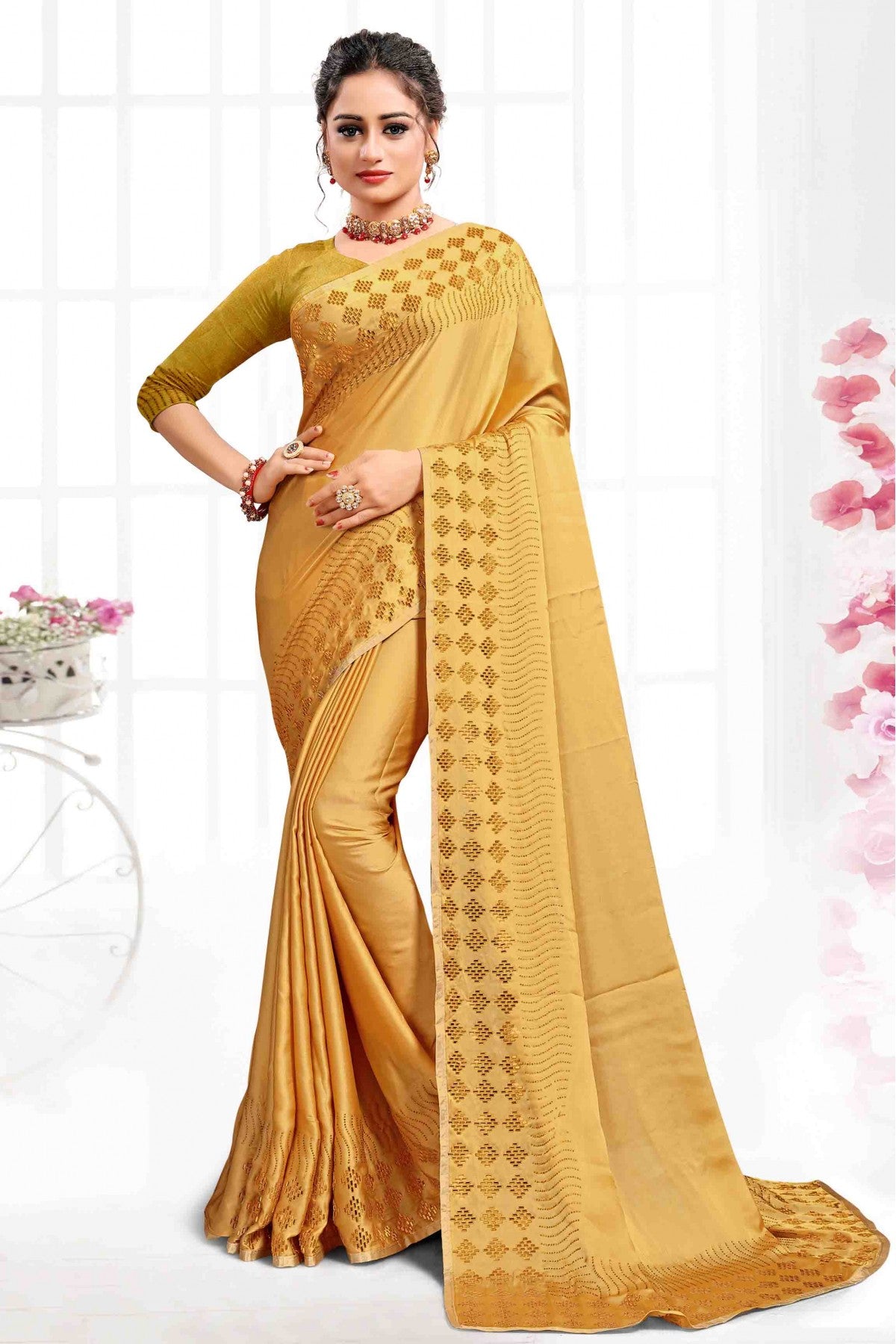 Mustard Colour Pure Satin Designer Saree