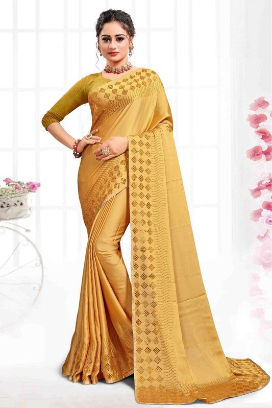 Mustard Colour Pure Satin Designer Saree