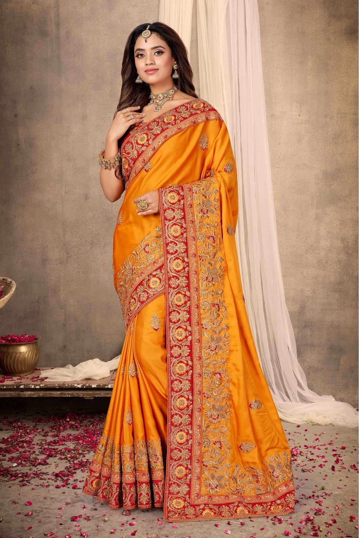 Mustard Colour Satin Designer Saree