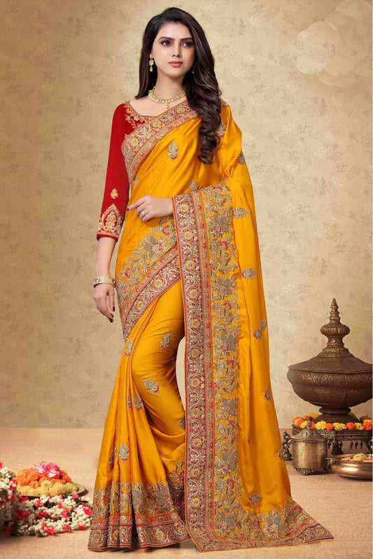 Mustard Colour Satin Georgette Designer Saree