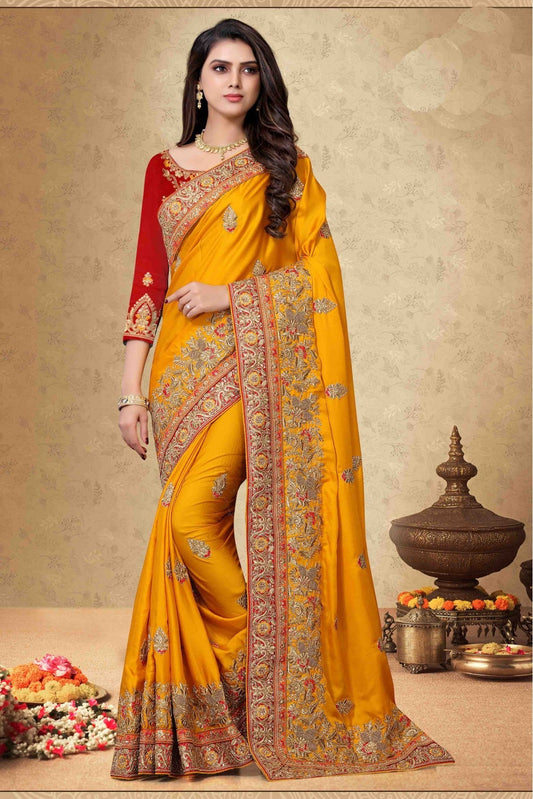 Mustard Colour Satin Georgette Embroidery Saree