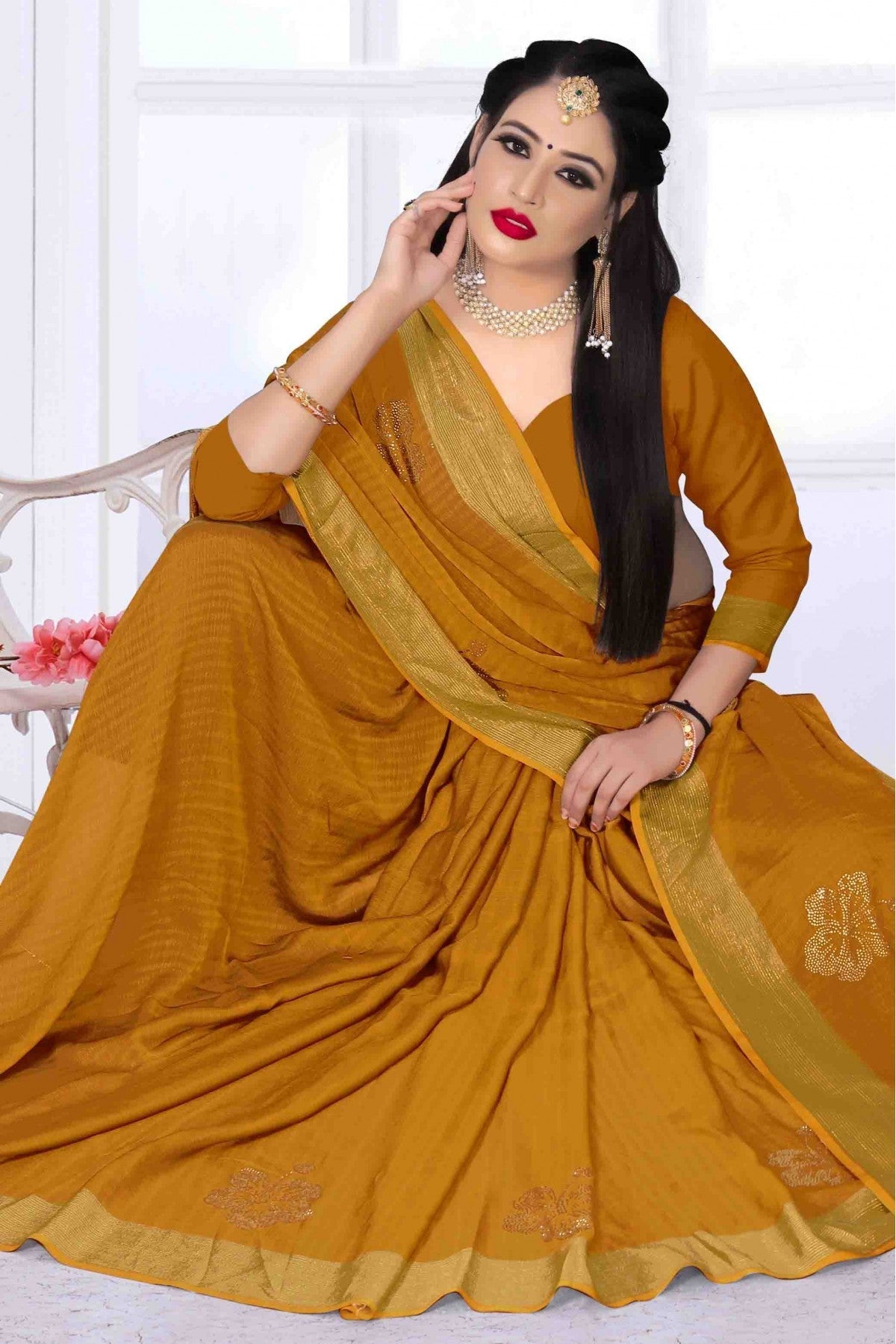 Mustard Colour Silk Satin Designer Saree