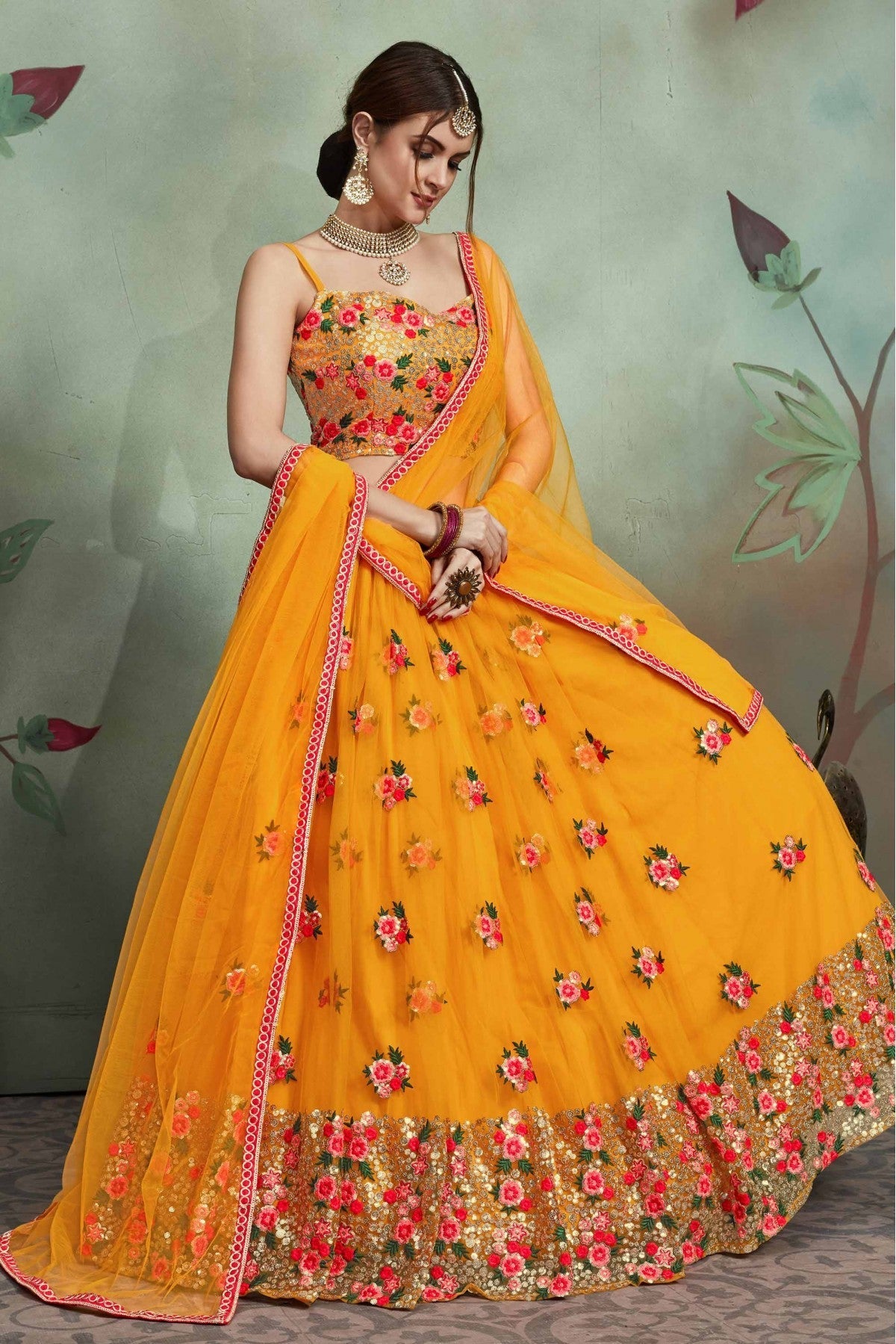 Mustard Colour Soft Net Sequins Work Lehenga Choli