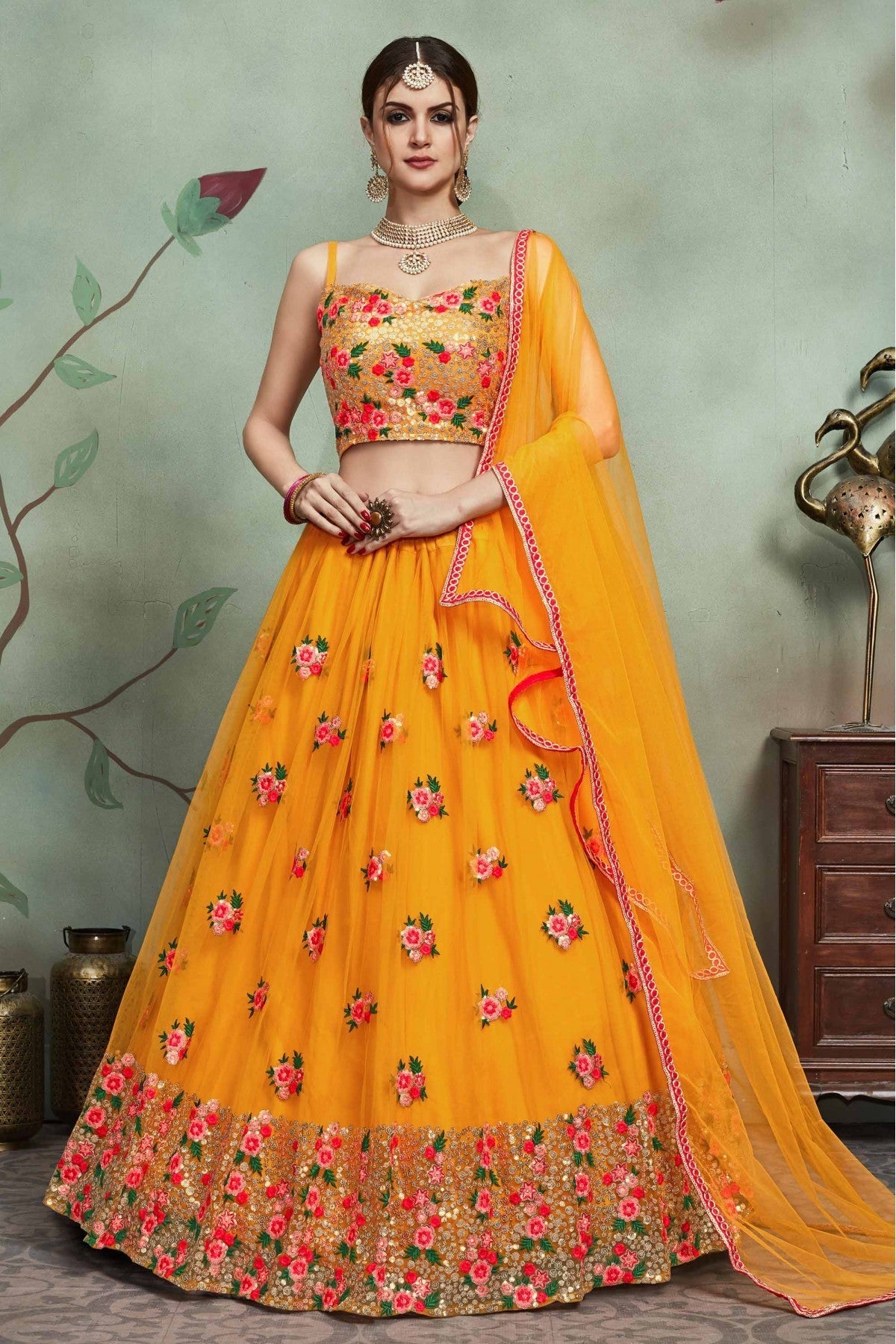 Mustard Colour Soft Net Sequins Work Lehenga Choli