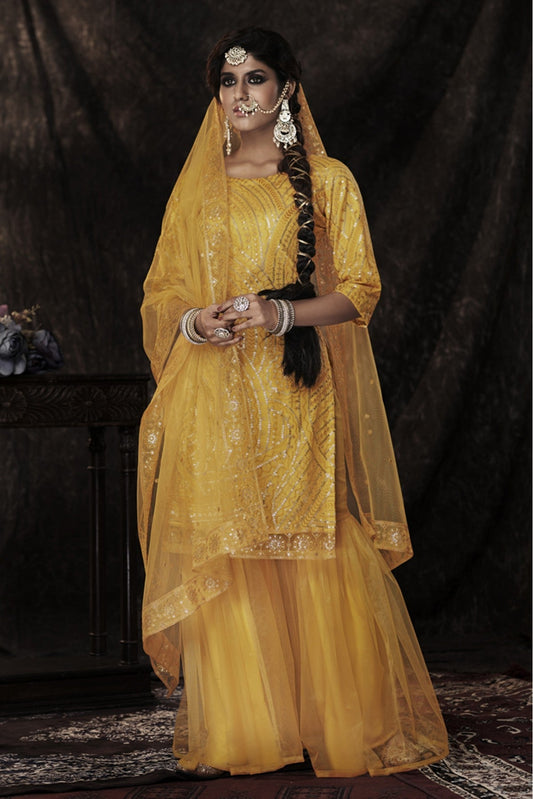 Mustard Colour Soft Net Sequins Work Sharara Suit