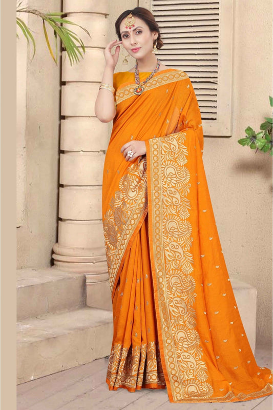 Mustard Colour Vichitra Silk Designer Saree