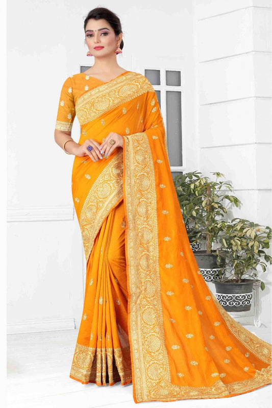 Mustard Colour Vichitra Silk Designer Saree