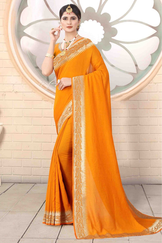 Mustard Colour Vichitra Silk Designer Saree