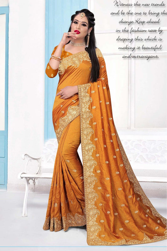 Mustard Colour Vichitra Silk Embroidery Saree