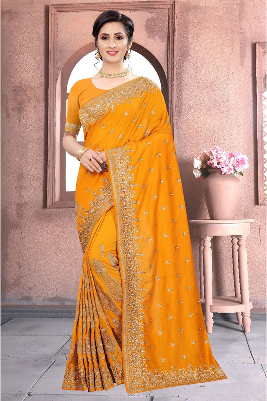 Mustard Colour Vichitra Silk Embroidery Saree