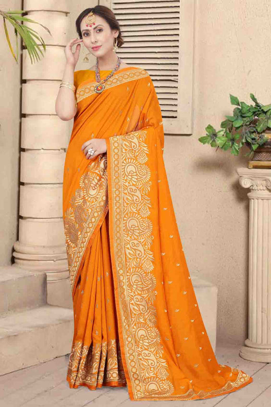 Mustard Colour Vichitra Silk Embroidery Saree