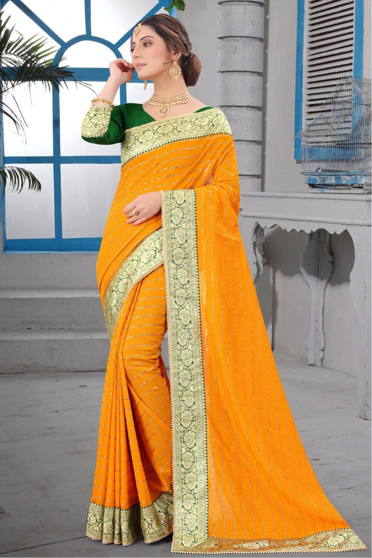 Mustard Colour Vichitra Silk Lace Work Saree