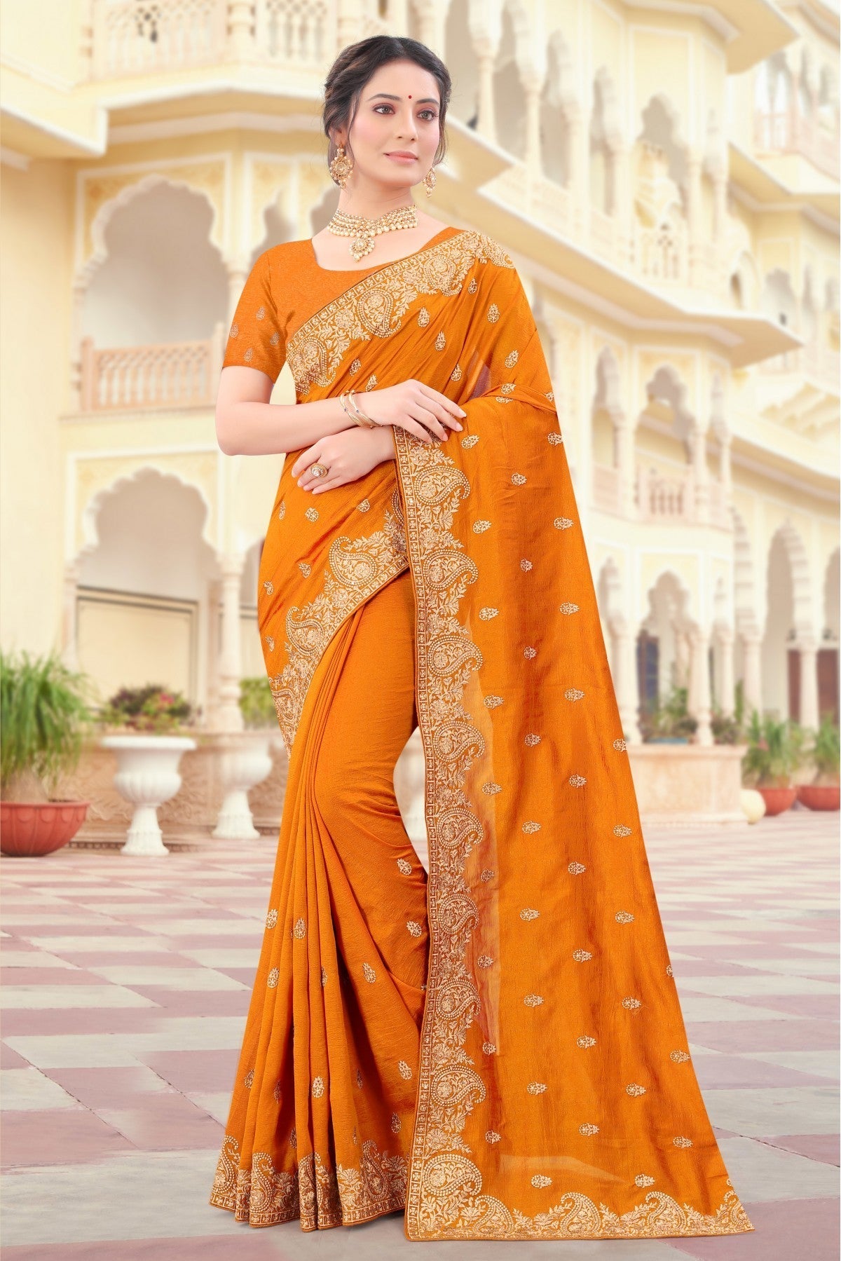 Mustard Colour Vichitra Silk Resham Work Saree