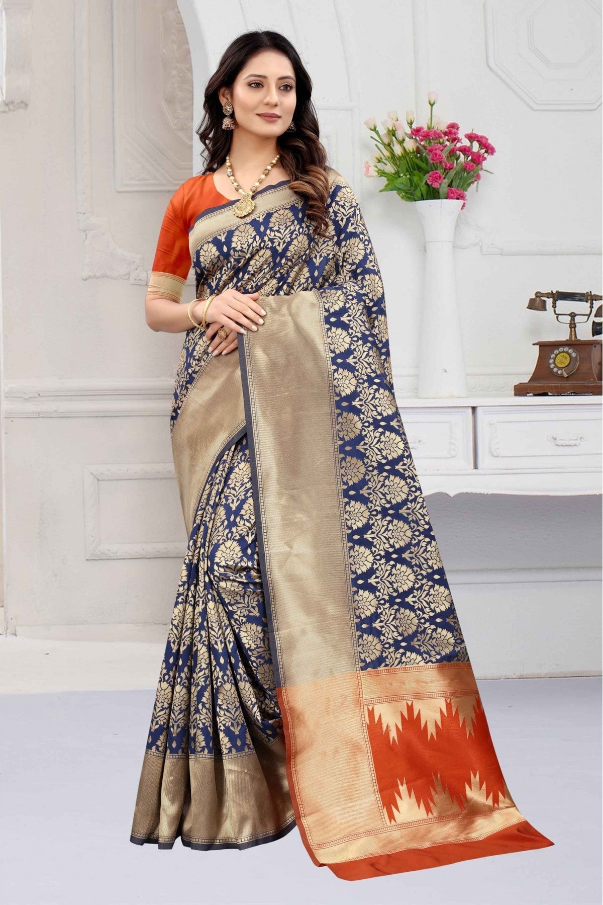 Navy Blue Colour Banarasi Art Silk Woven Saree