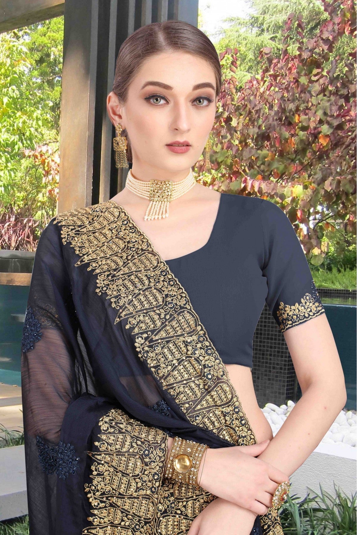 Navy Blue Colour Chiffon Designer Saree