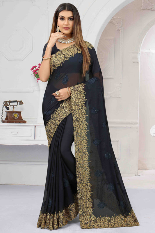 Navy Blue Colour Chiffon Designer Saree