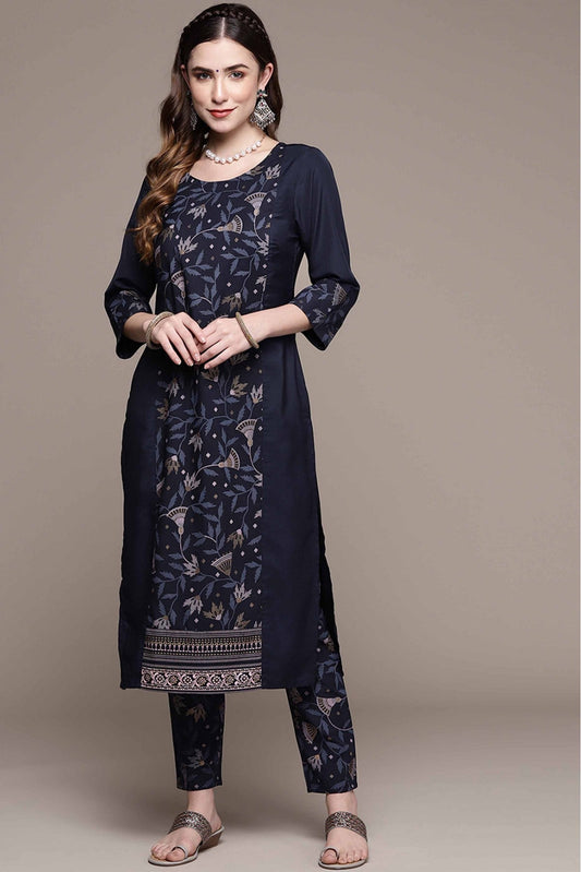 Navy Blue Colour Crepe Foil Print Kurta With Pant