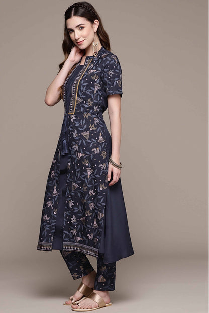 Navy Blue Colour Crepe Foil Print Kurta With Pant