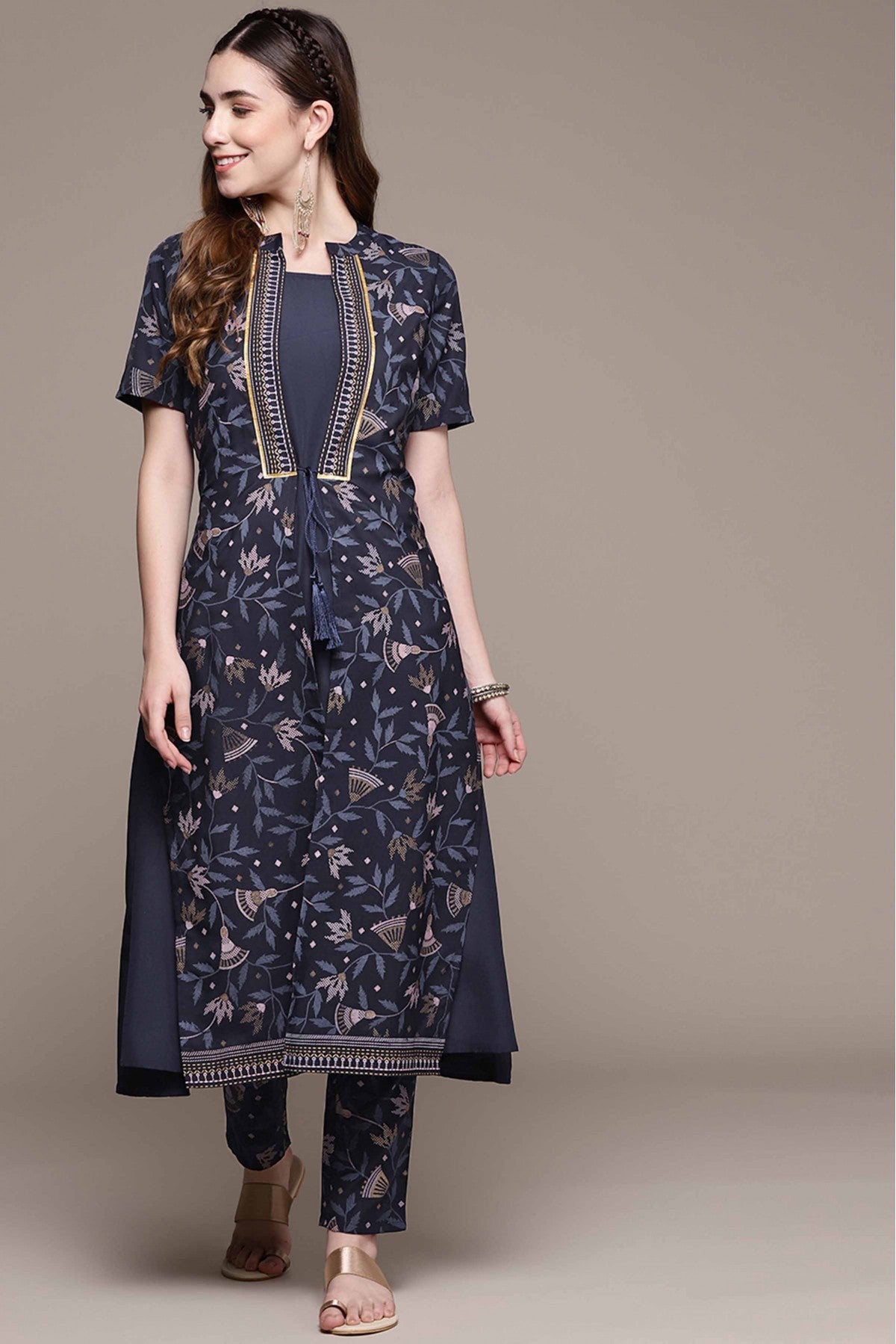 Navy Blue Colour Crepe Foil Print Kurta With Pant