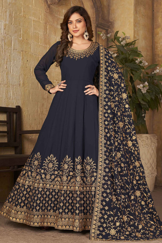 Navy Blue Colour Faux Georgette Embroidery Anarkali Suit