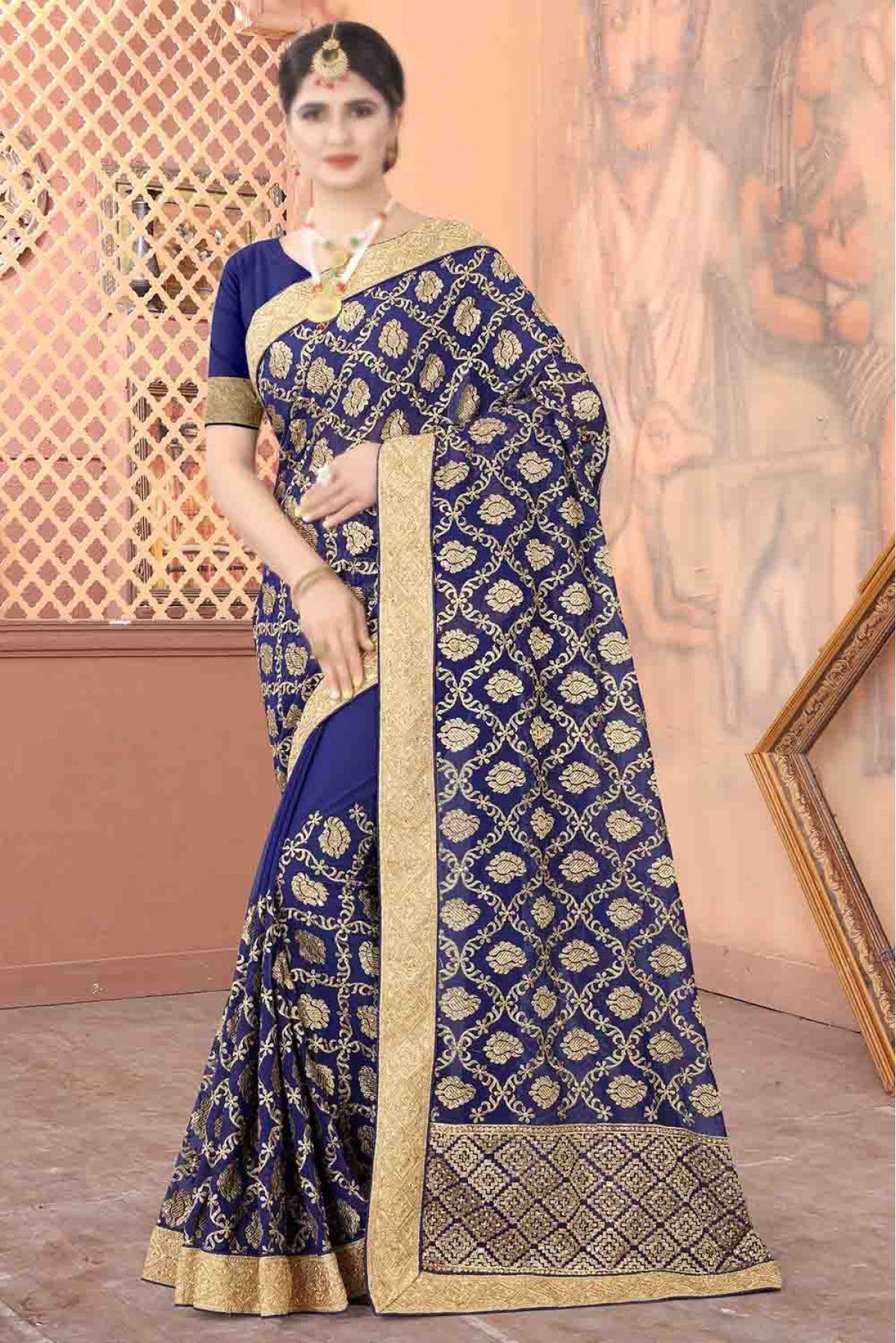 Navy Blue Colour Georgette Designer Saree