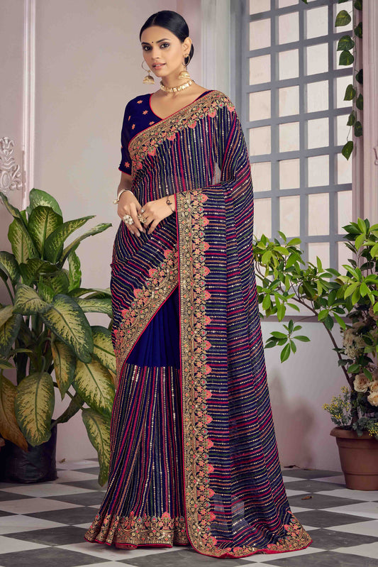 Navy Blue Colour Georgette Designer Saree