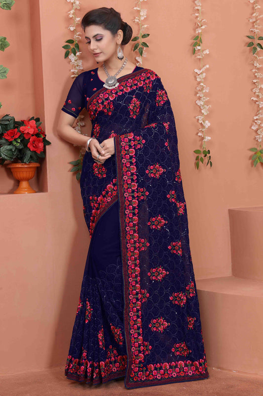 Navy Blue Colour Georgette Designer Saree