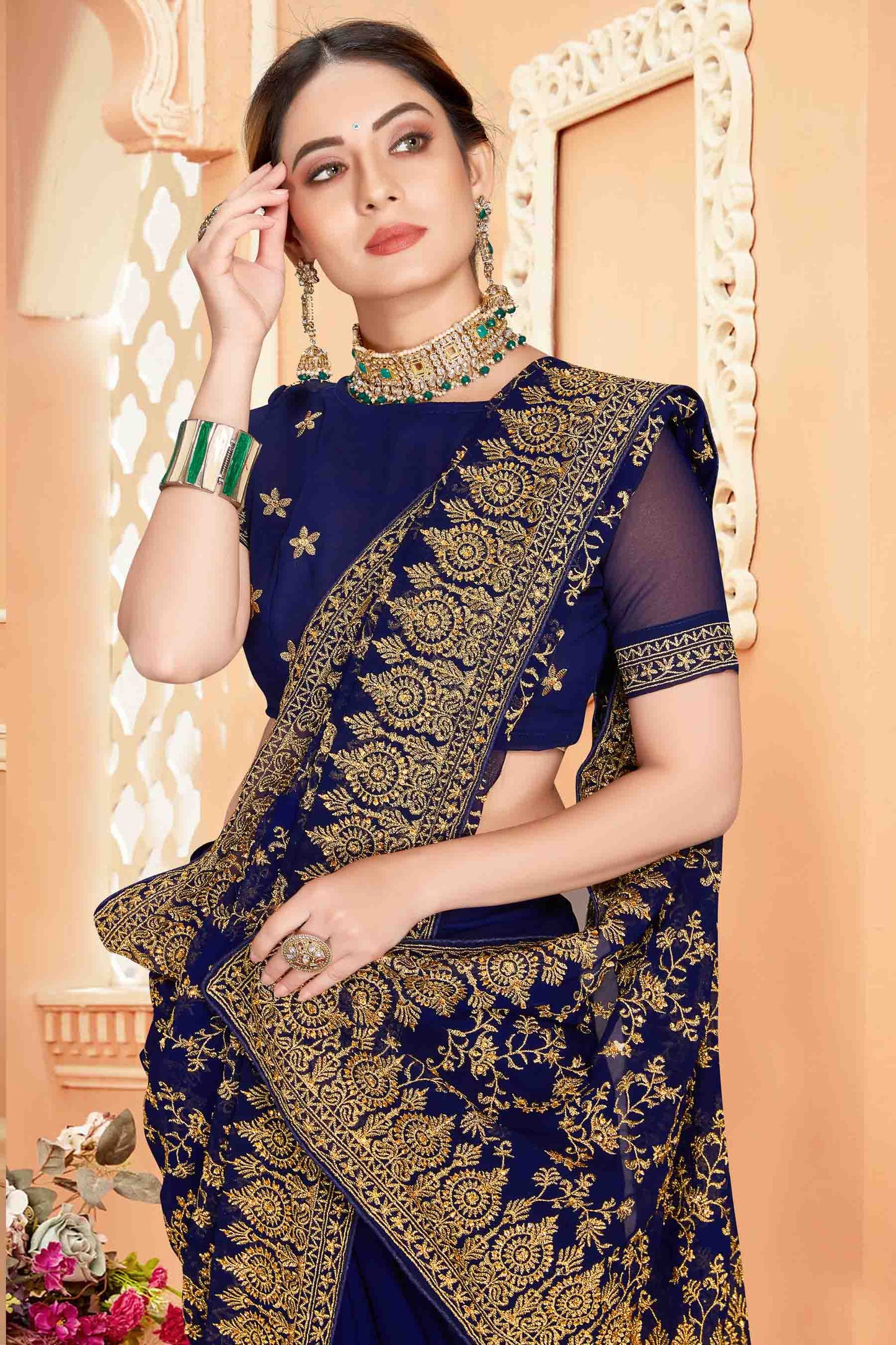 Navy Blue Colour Georgette Designer Saree