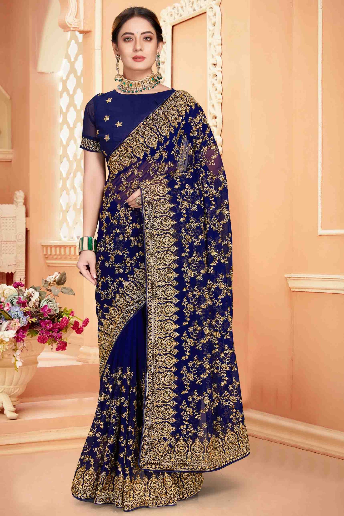 Navy Blue Colour Georgette Designer Saree