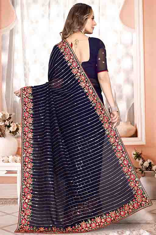 Navy Blue Colour Georgette Designer Saree