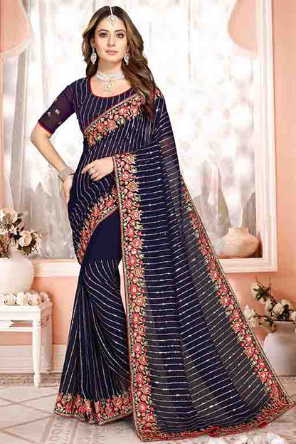 Navy Blue Colour Georgette Designer Saree