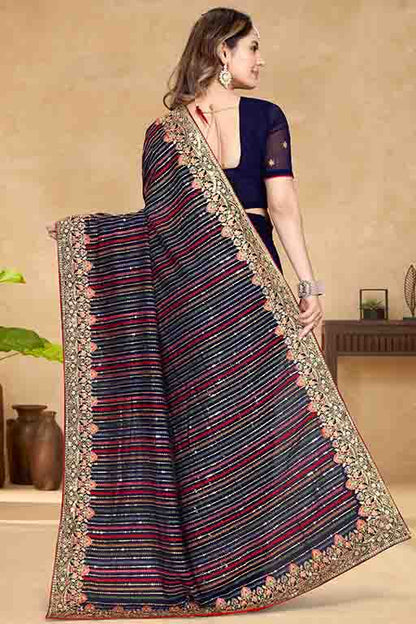 Navy Blue Colour Georgette Designer Saree