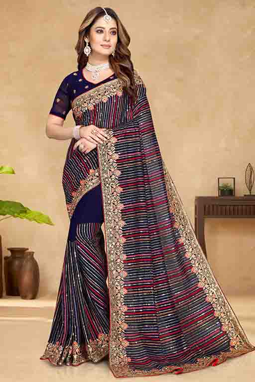 Navy Blue Colour Georgette Designer Saree