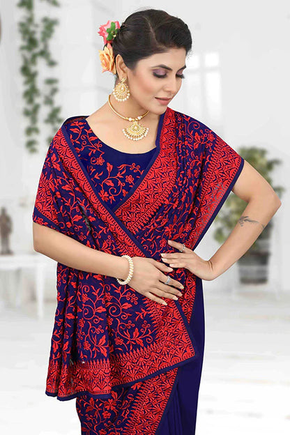 Navy Blue Colour Georgette Designer Saree