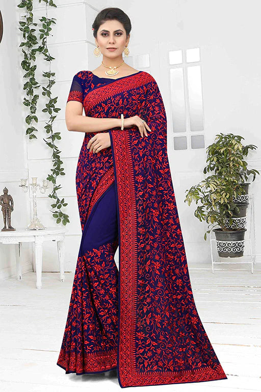 Navy Blue Colour Georgette Designer Saree