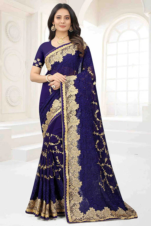 Navy Blue Colour Georgette Designer Saree