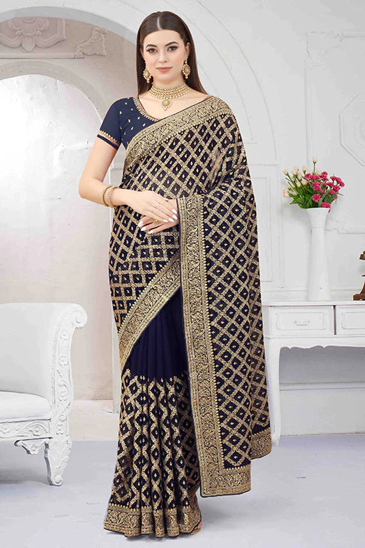 Navy Blue Colour Georgette Designer Saree